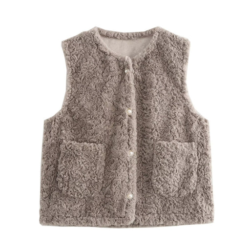 Women Casual Button Solid Color Lamb Fur Faux Shearling Jacket Sleeveless Waistcoat Vest-Fancey Boutique