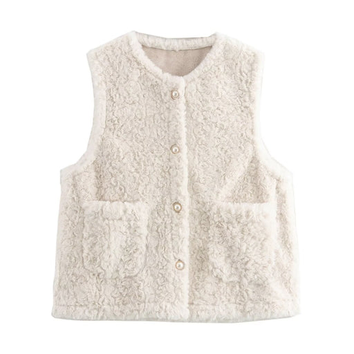 Women Casual Button Solid Color Lamb Fur Faux Shearling Jacket Sleeveless Waistcoat Vest-Fancey Boutique