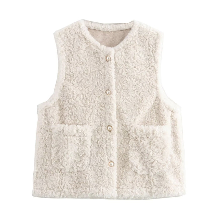 Women Casual Button Solid Color Lamb Fur Faux Shearling Jacket Sleeveless Waistcoat Vest-White-Fancey Boutique