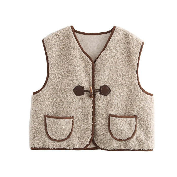 Women Casual All Match Lamb Fur Faux Shearling Jacket Horn Button Sleeveless Waistcoat Vest-Fancey Boutique