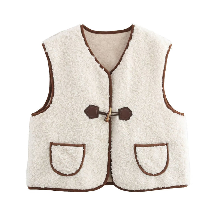 Women Casual All Match Lamb Fur Faux Shearling Jacket Horn Button Sleeveless Waistcoat Vest-Fancey Boutique