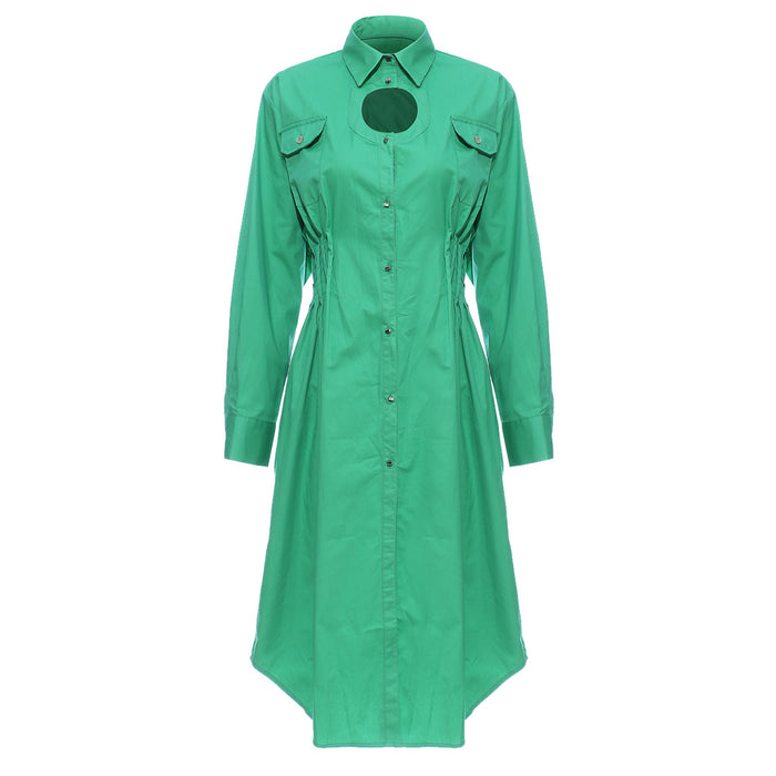 Color-Green-Geometric Abstract Round Hollow Out Cutout Pleated Waist Tight Cotton Shirt Dress-Fancey Boutique