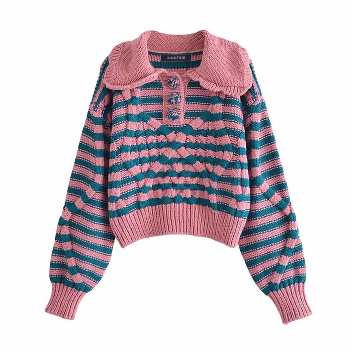 Women Clothing Autumn Winter Street Striped Eight Strand Knitted Sweater-Fancey Boutique