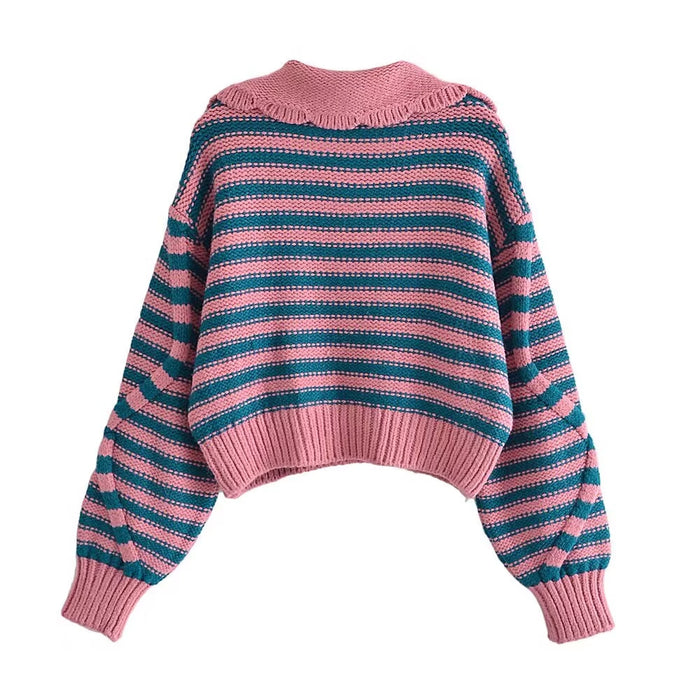 Women Clothing Autumn Winter Street Striped Eight Strand Knitted Sweater-Fancey Boutique