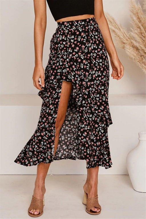 Color-Black-Spring Summer Printed Elastic Waist Irregular Asymmetric Ruffled Women Skirt-Fancey Boutique