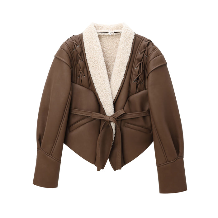 Autumn Winter Women Suede Leather Jacket Tie Front Top-Fancey Boutique