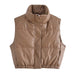 Women Clothing Solid Color Short Cotton Waistcoat Faux Leather Cotton Padded Jacket Vest-Coffee-Fancey Boutique