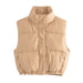 Women Clothing Solid Color Short Cotton Waistcoat Faux Leather Cotton Padded Jacket Vest-Khaki-Fancey Boutique