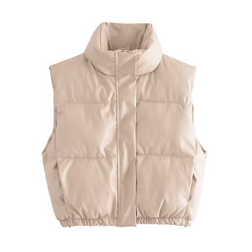 Women Clothing Solid Color Short Cotton Waistcoat Faux Leather Cotton Padded Jacket Vest-LightKhaki-Fancey Boutique