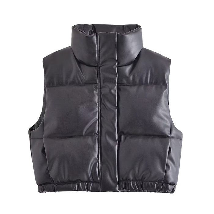 Women Clothing Solid Color Short Cotton Waistcoat Faux Leather Cotton Padded Jacket Vest-Black-Fancey Boutique