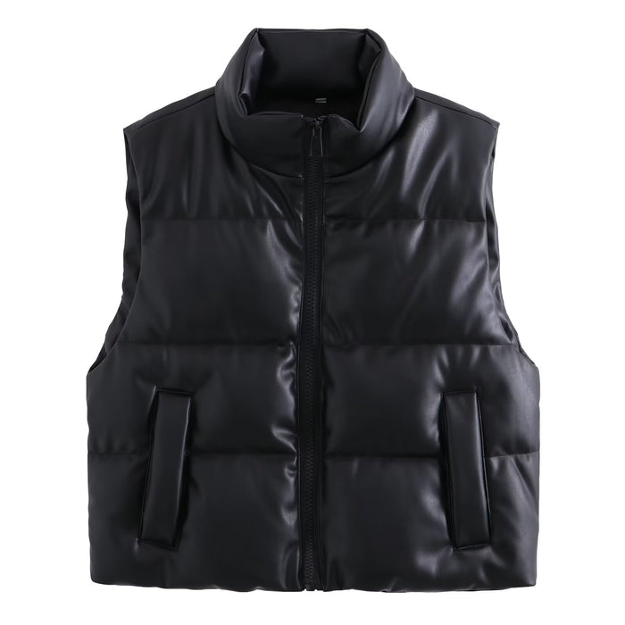 Women Clothing Autumn Winter Vest Faux Leather Faux Leather Stand up Collar Cotton Padded Coat Vest-Black-Fancey Boutique