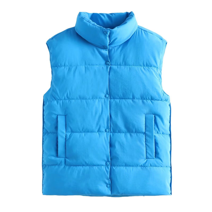 Women Short Autumn Winter Loose Outer Wear Cotton Padded Jacket Vest Cotton Vest Coat-Blue-Fancey Boutique