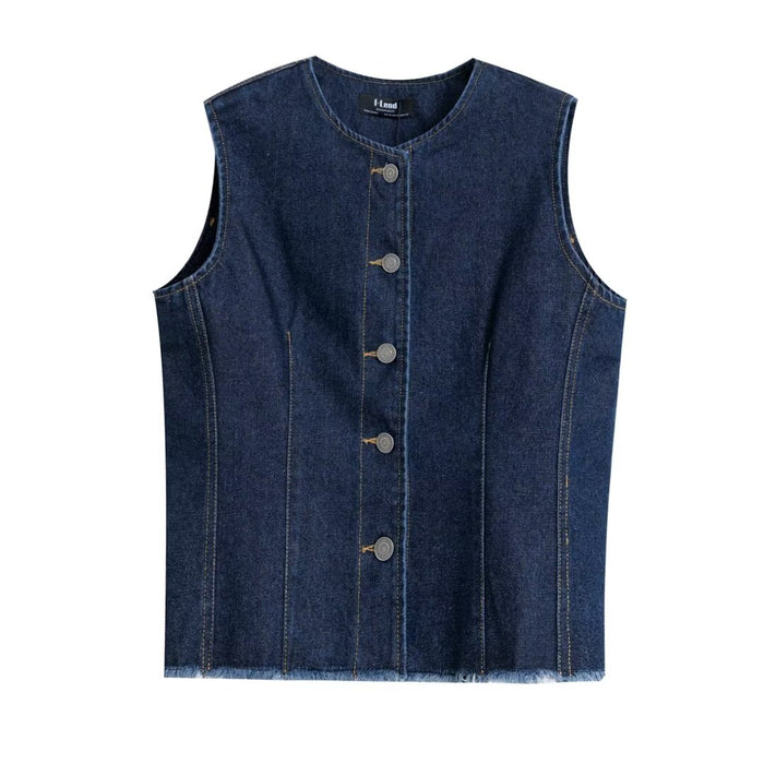 Women Clothing Autumn Winter Street Casual Round Neck Denim Vest-Fancey Boutique