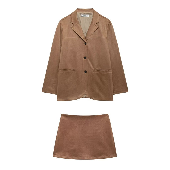 Autumn Women Clothing Casual Elegant Suede Leather Blazer Short Skirt Set-Fancey Boutique