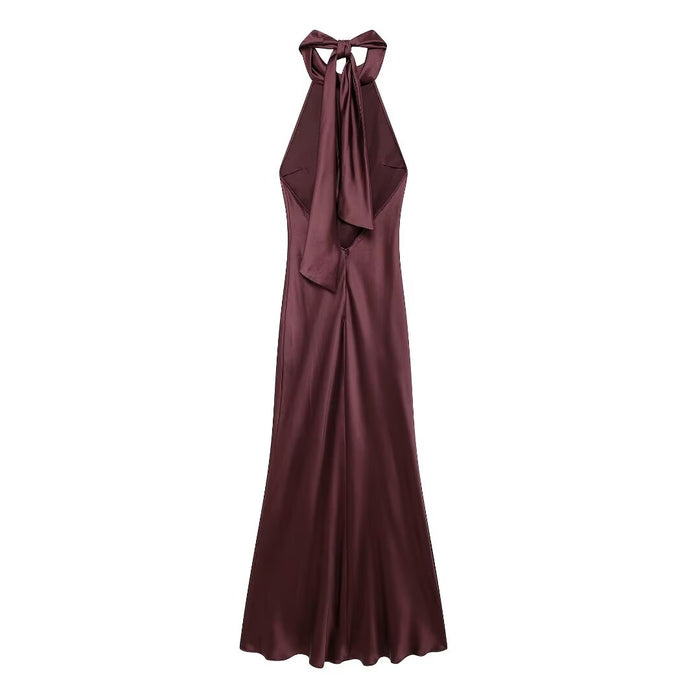 Autumn Hanging Collar Silk Texture Maxi Dress Women Clothing