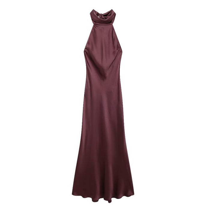 Autumn Hanging Collar Silk Texture Maxi Dress Women Clothing