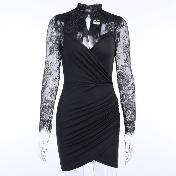 Sexy Lace Stitching Long-Sleeved Dress Women Sexy Socialite V neck Slim Slimming Sheath-Black-Fancey Boutique