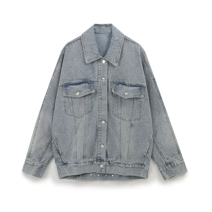 Women Clothing Loose Collared Long Sleeves Distressed Denim Jacket Coat-Fancey Boutique