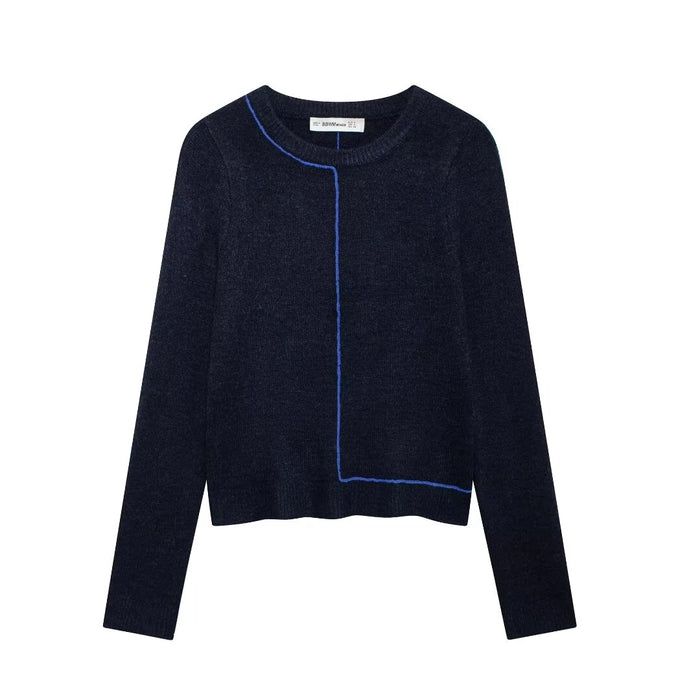 Women Contrast Color Trim Round Neck Long Sleeve Sweater-NavyBlue-Fancey Boutique