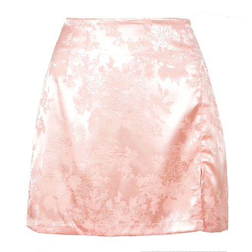 Color-Pink-Skirt Sexy Jacquard Satin High Waist Zipper Skirt-Fancey Boutique