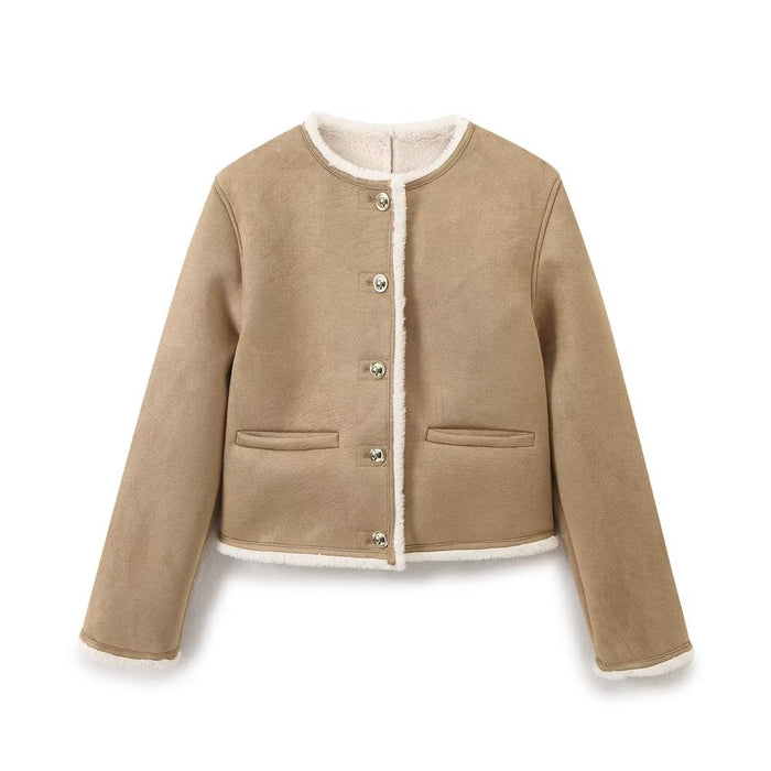 Autumn Metal Button Decoration Double Sided Jacket Women Clothing-Khaki-Fancey Boutique