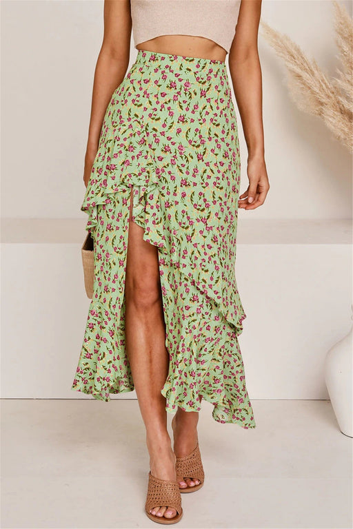 Color-Green-Spring Summer Printed Elastic Waist Irregular Asymmetric Ruffled Women Skirt-Fancey Boutique