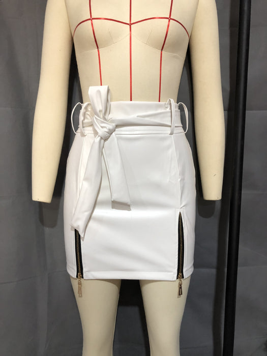 Color-White-Leather Skirt Faux Leather Sexy Lace-up Zipper High Waist Sheath Skirt-Fancey Boutique