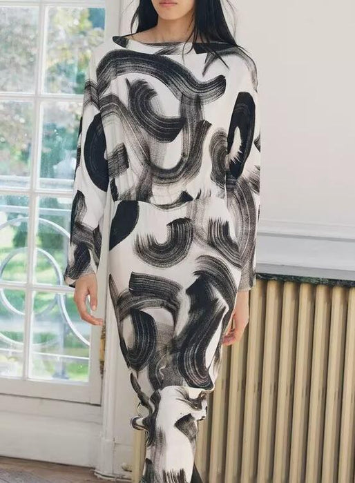 Fall Women Clothing Retro Crew Neck Long Sleeve Slim Print Midi Dress