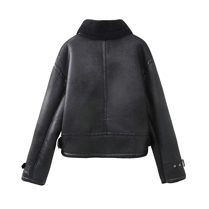 Women Clothing Autumn Winter with Belt Faux Shearling Jacket Double Sided Jacket-Fancey Boutique