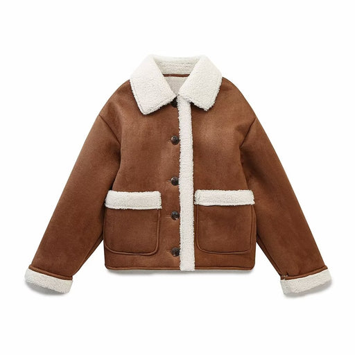 Autumn Winter Coat Women Single Breasted Patch Pocket Decoration Fleece Warm Double Sided Jacket-Fancey Boutique