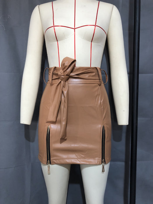 Color-Khaki-Leather Skirt Faux Leather Sexy Lace-up Zipper High Waist Sheath Skirt-Fancey Boutique