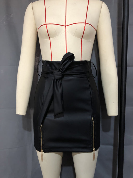 Color-Black-Leather Skirt Faux Leather Sexy Lace-up Zipper High Waist Sheath Skirt-Fancey Boutique