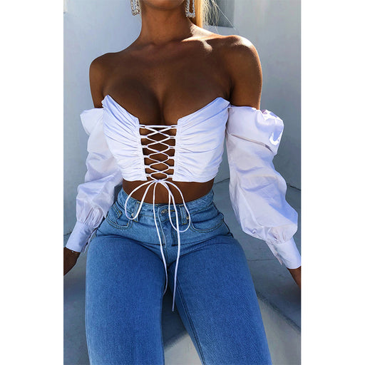 Color-White-Solid Color off Shoulder Women Tube Top Lace up Bare Cropped Slim Fit T shirt Women Clothing-Fancey Boutique