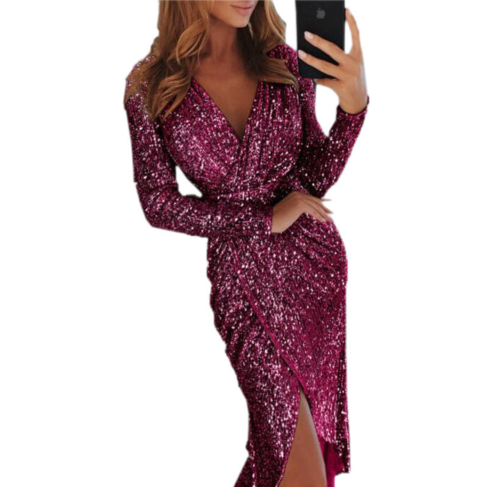 Color-Purple-1-Women Gilding Long Sleeve V Neck Shiny Dress Dinner Sexy Dress-Fancey Boutique