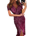 Color-Purple-Women Gilding Long Sleeve V Neck Shiny Dress Dinner Sexy Dress-Fancey Boutique