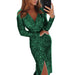 Color-Green-Women Gilding Long Sleeve V Neck Shiny Dress Dinner Sexy Dress-Fancey Boutique