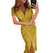 Color-Golden-Women Gilding Long Sleeve V Neck Shiny Dress Dinner Sexy Dress-Fancey Boutique