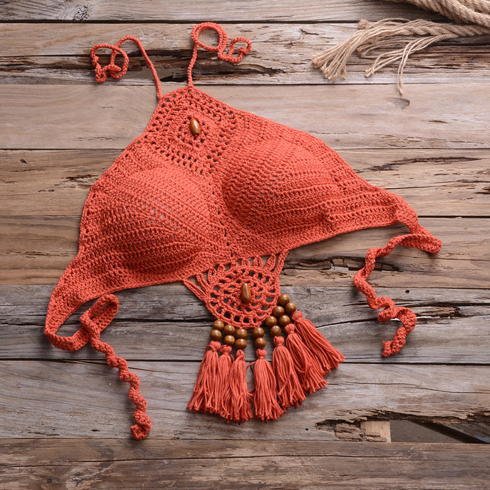 Color-Rusty Red-2-Bikini Handmade Tassel Bohemian Swimsuit Sexy Lady Beach Swimming Clothing-Fancey Boutique