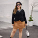 Color-Black-Plus Size Small V neck Loose Pullover Solid Color Sweater Women Long Sleeve Sweater-Fancey Boutique