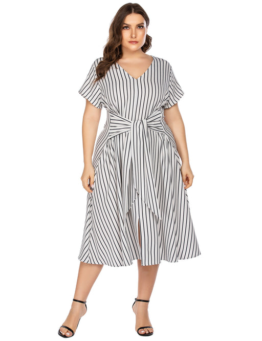 Color-Black Stripes-Plus Size Women Clothing Dress Maxi Dress Chiffon Linen Striped Printed Casual Lace Up-Fancey Boutique