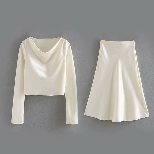 Color-White-Women Clothing Summer Satin Long Sleeve Shirt Waist Mid Length Dress Set-Fancey Boutique