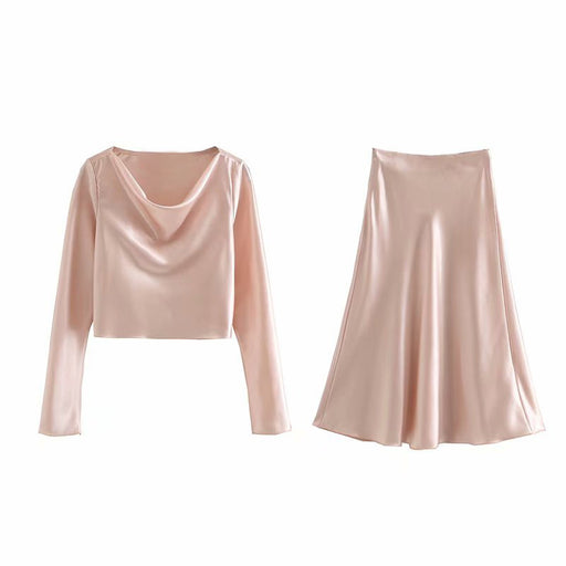 Color-Pink-Women Clothing Summer Satin Long Sleeve Shirt Waist Mid Length Dress Set-Fancey Boutique