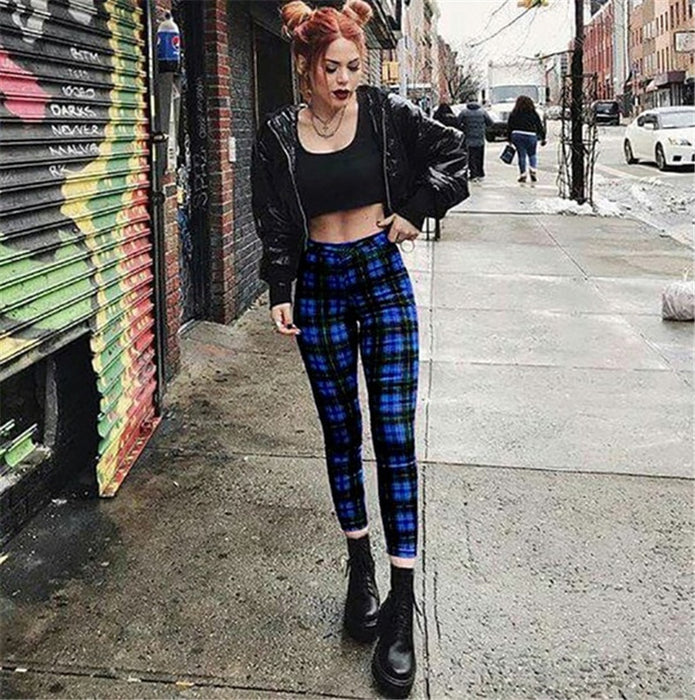 Popular Plaid High Waist Leggings Women Casual Pants Stretch Feet Pants Pencil Pants-Blue-Fancey Boutique