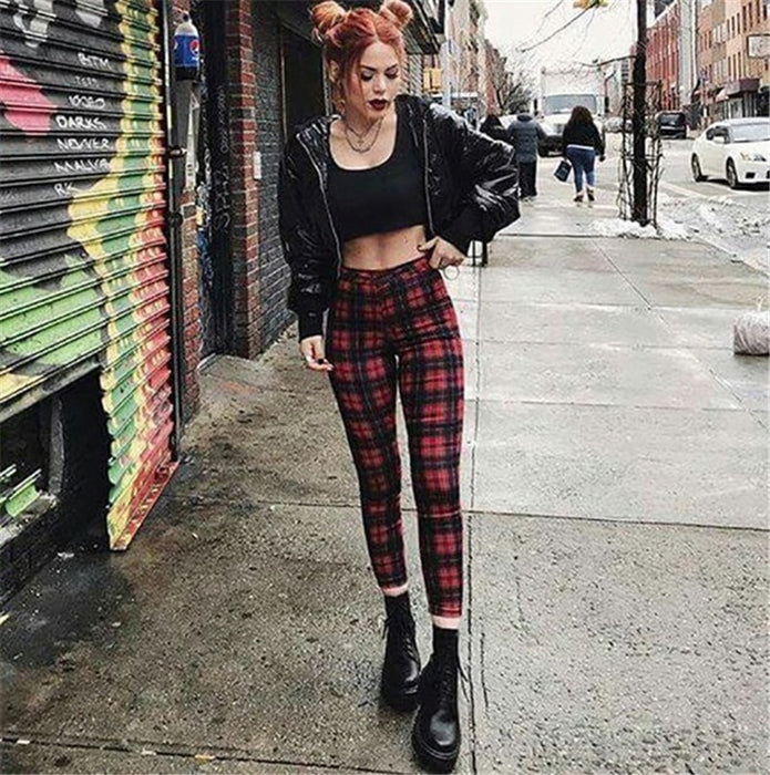 Popular Plaid High Waist Leggings Women Casual Pants Stretch Feet Pants Pencil Pants-Red-Fancey Boutique