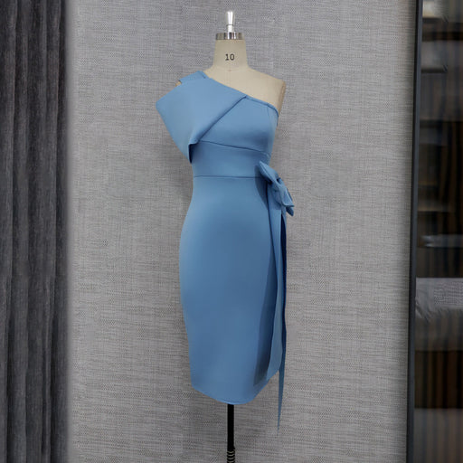 Color-skyblue-Sexy One Shoulder Bow Hip Dress High Waist Slim Pencil Dress Women Clothing Dress-Fancey Boutique