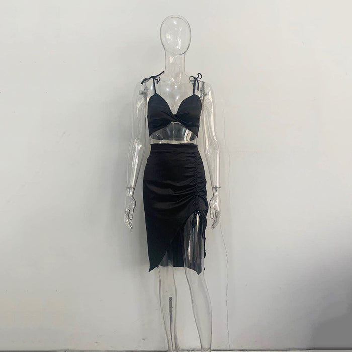 Color-Black-Sling Satin Drawstring Split Two Piece Dress Women Clothing-Fancey Boutique