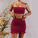 Color-Burgundy-Summer Sexy Sling Vest Pleated Two-piece Set Flounce Peplum Hip-wrapped Dress-Fancey Boutique