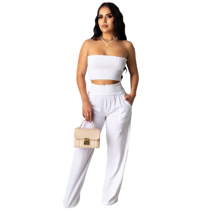 Color-White-Women Clothing Pleating Sexy Tube Top Two Piece Work Pant Vacation Summer-Fancey Boutique