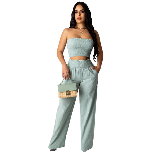 Color-Green-Women Clothing Pleating Sexy Tube Top Two Piece Work Pant Vacation Summer-Fancey Boutique