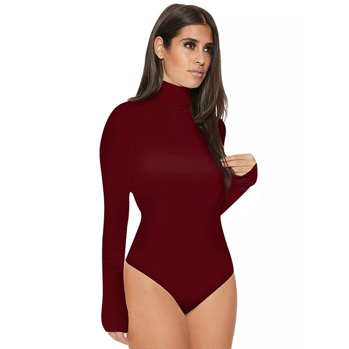 Color-Burgundy-Autumn Winter Long-Sleeved Bottoming Shirt Women Clothing Tight Bodysuit Bodysuit-Fancey Boutique